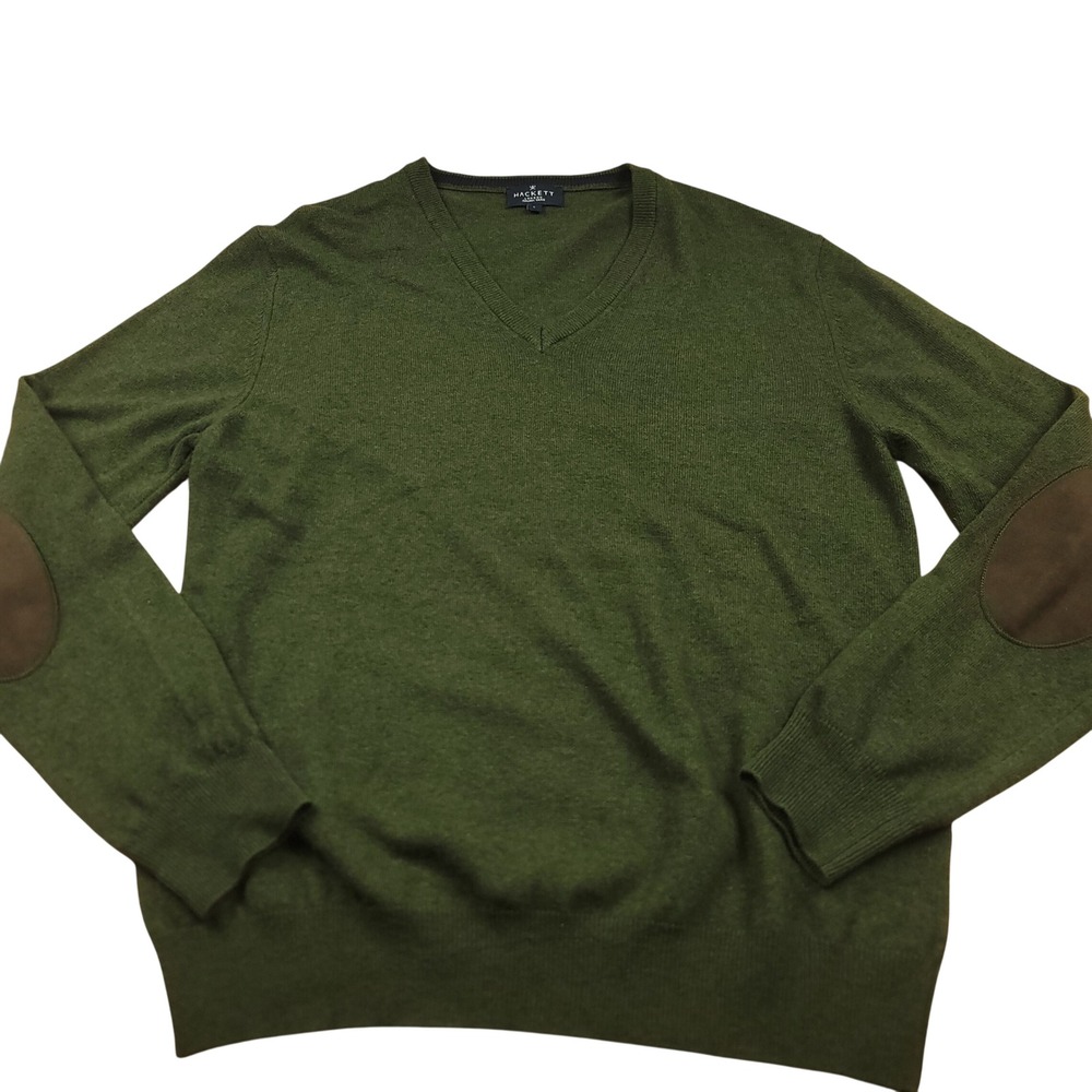 Hackett London Mens V Neck Sweater Dark Green‎ Italian Yarn Elbow Patches Size L